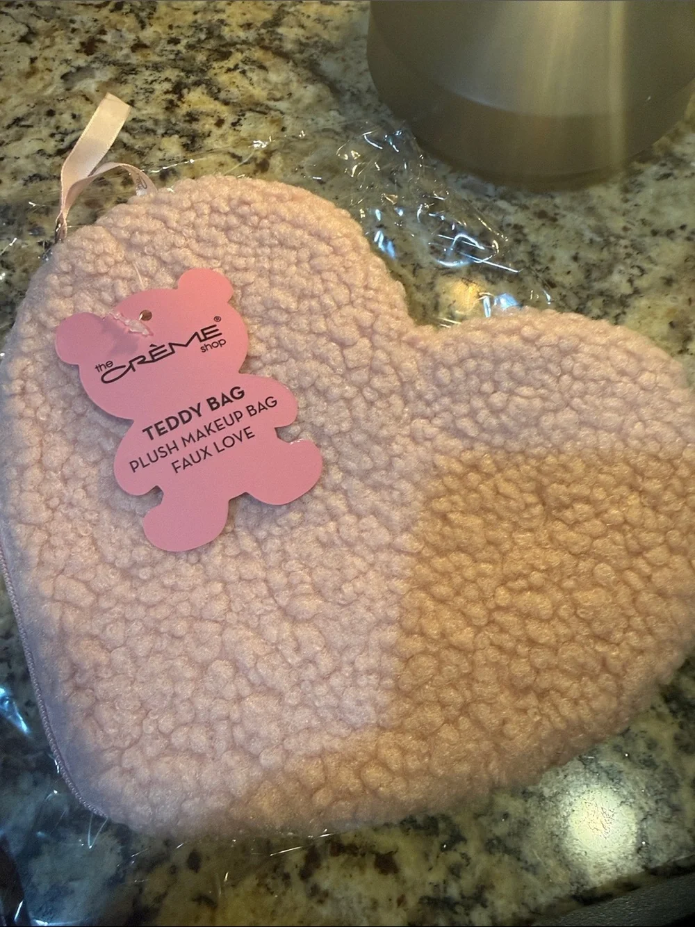 The Crème Shop Pink Teddy Plush Heart Makeup Bag